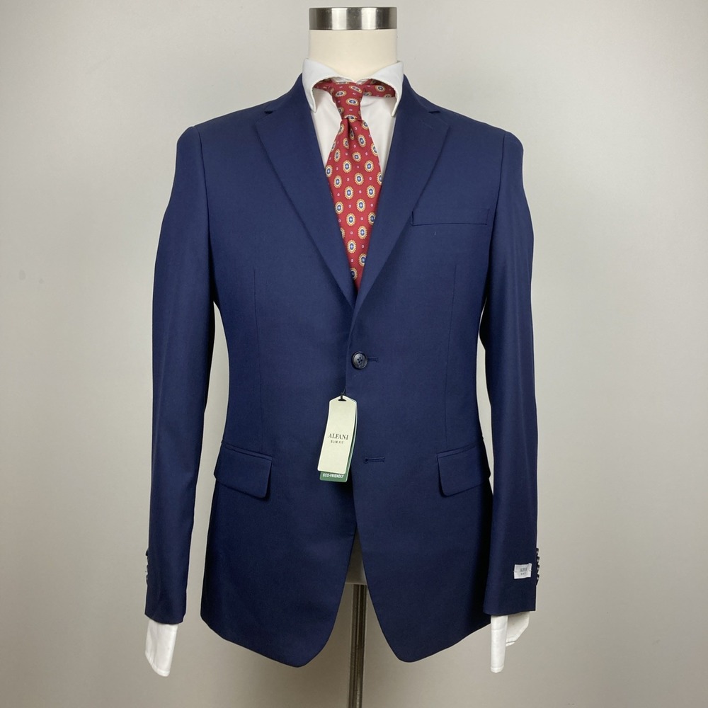 Alfani Mens Slim fit Suit Jacket Blazer 38 R Navy Blue Solid Stretch